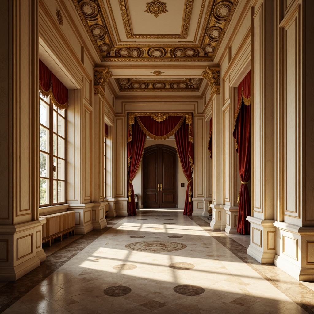 Prompt: Timeless classical architecture, ornate stone carvings, rich wood tones, luxurious fabrics, velvet drapes, golden accents, soft cream walls, warm beige marble floors, intricate moldings, elegant columns, symmetrical composition, dramatic chiaroscuro lighting, subtle color gradations, 1/1 aspect ratio, realistic textures, ambient occlusion.