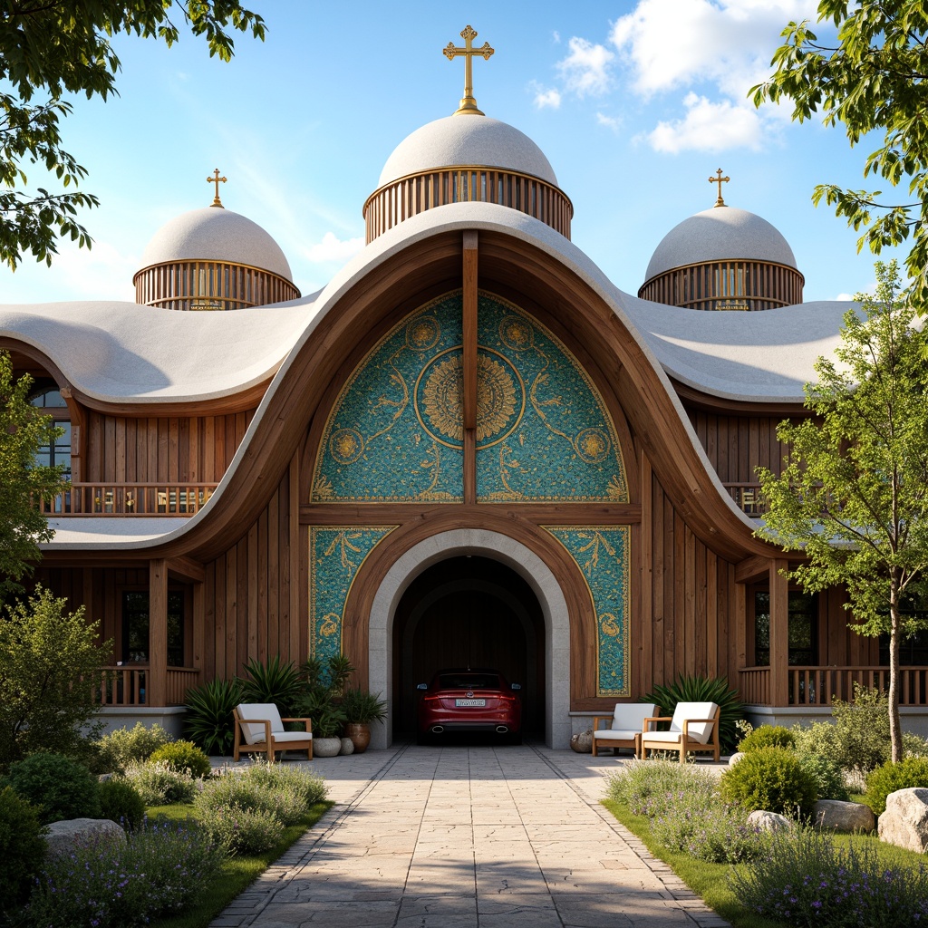 Prompt: Rustic barn, Byzantine-inspired architecture, curved dome roofs, golden crosses, intricate stone carvings, ornate metal decorations, vibrant turquoise tiles, rich wood accents, grand entrance arches, symmetrical fa\u00e7ade composition, warm afternoon sunlight, soft shadows, 1/1 aspect ratio, realistic roof textures, ambient lighting, subtle color grading.