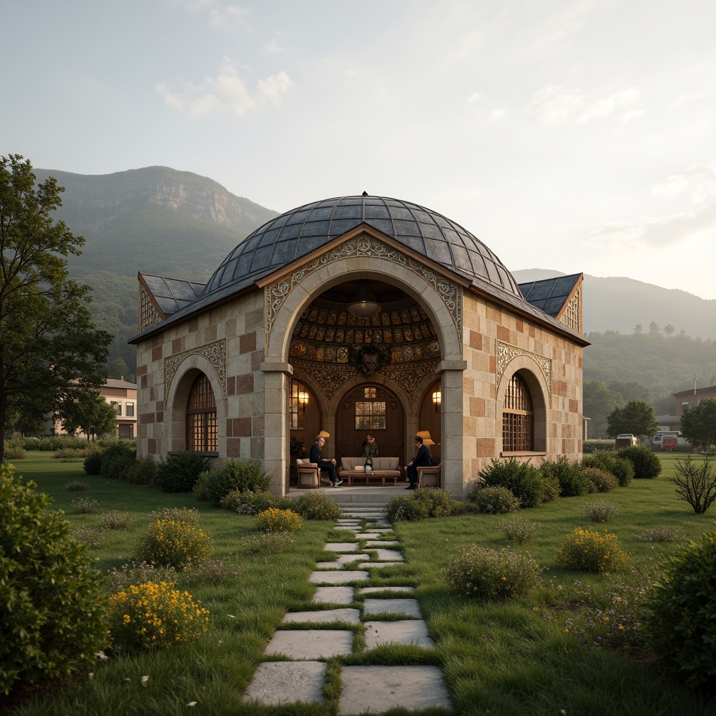 Prompt: Rustic barn, Byzantine dome, natural stone fa\u00e7ade, ornate mosaics, golden accents, rolling hills, lush green meadows, wildflowers, misty morning, soft warm lighting, shallow depth of field, 3/4 composition, panoramic view, realistic textures, ambient occlusion, intricate archways, ornate columns, grand entrance, wooden doors, stone pathways, serene atmosphere, peaceful ambiance.