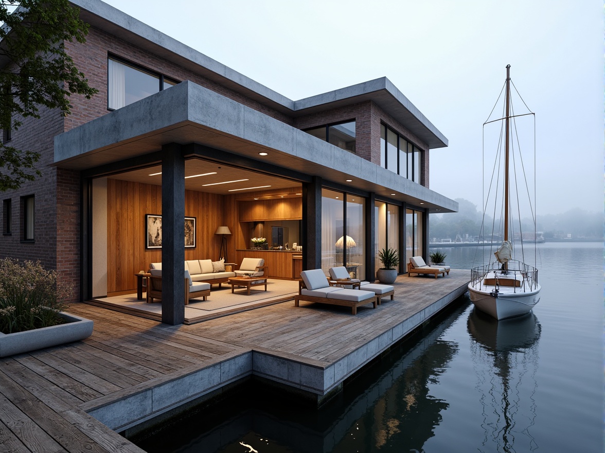 Prompt: Waterfront boathouse, rustic wooden docks, nautical ropes, sailboat masts, luxurious interior design, floor-to-ceiling windows, sliding glass doors, minimalist chic decor, reclaimed wood accents, industrial metal fixtures, exposed brick walls, modern sleek lines, cantilevered roofs, overhanging eaves, waterfront views, serene lake scenery, misty morning atmosphere, warm soft lighting, 1/1 composition, shallow depth of field, realistic reflections, ambient occlusion.