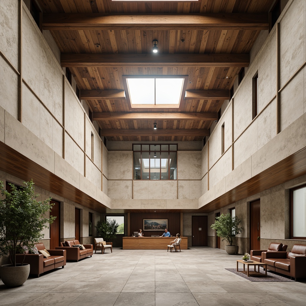 Prompt: Monumental courthouse, Bauhaus style, angular lines, rectangular forms, industrial materials, exposed ductwork, concrete floors, steel beams, minimal ornamentation, functional simplicity, neutral color palette, earthy tones, beige stucco, gray stone walls, dark wood accents, rich leather furnishings, subtle chrome details, dramatic high ceilings, abundant natural light, softbox lighting, shallow depth of field, 2/3 composition, symmetrical framing.