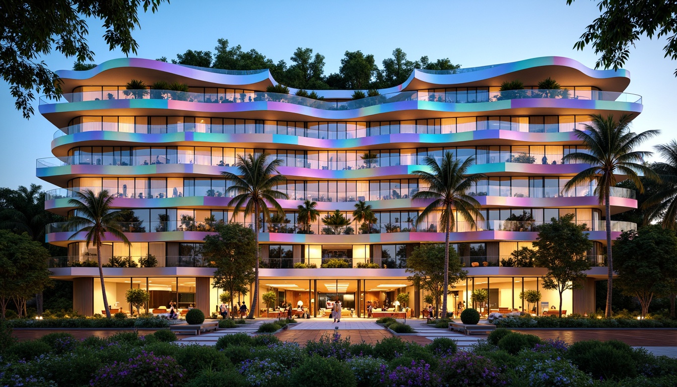 Prompt: Vibrant hotel facade, iridescent glass panels, undulating curves, organic shapes, futuristic architecture, sustainable energy systems, green roofs, lush vegetation, misting systems, shaded outdoor spaces, luxurious amenities, grand entrance, spacious lobby, modern chandeliers, warm ambient lighting, 3/4 composition, shallow depth of field, panoramic view, realistic textures, ambient occlusion.Note