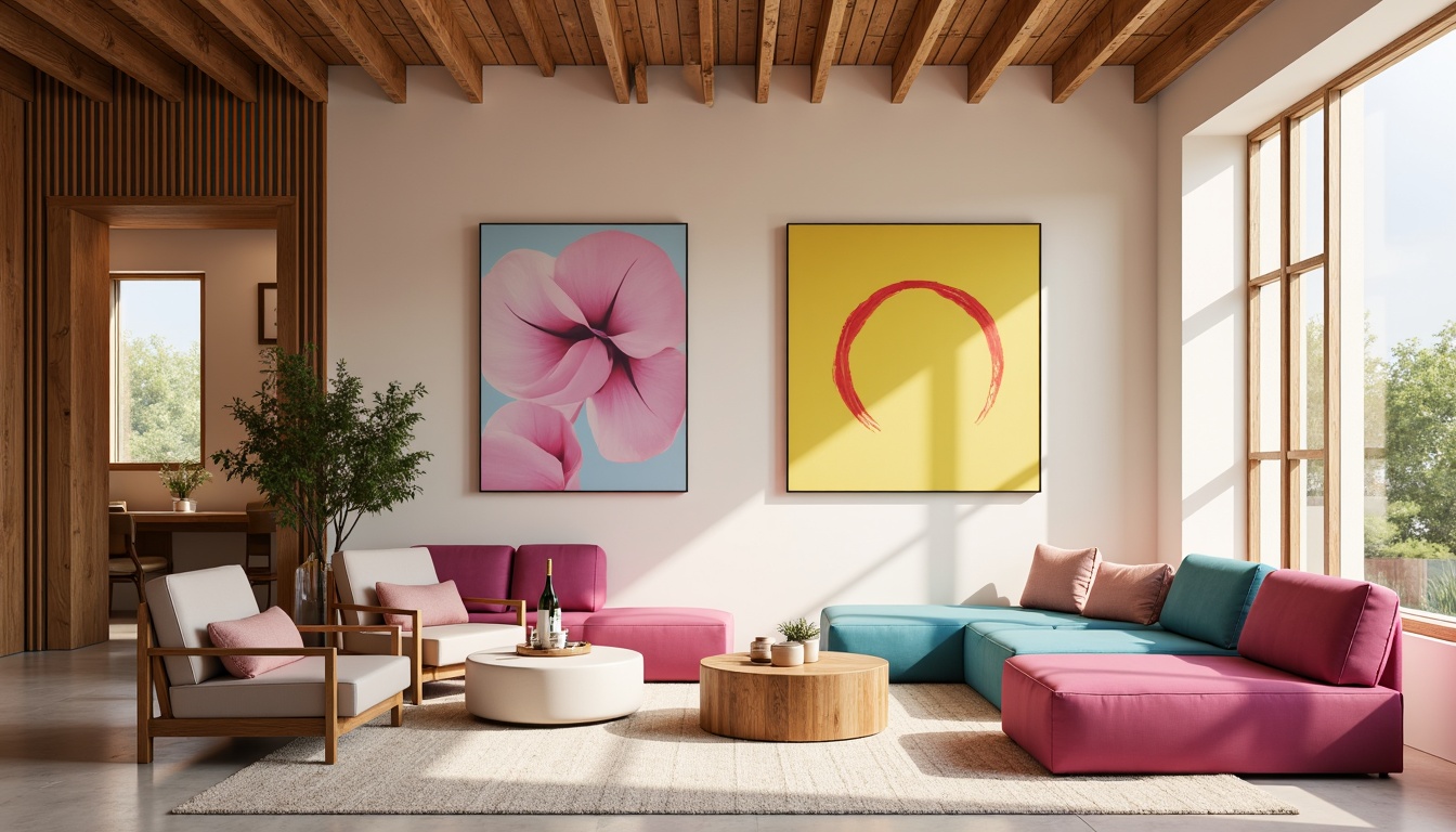 Prompt: Vibrant modern design studio, sleek minimalist furniture, bold contrasting colors, abstract artistic accents, neutral beige background, rich wood tones, metallic silver highlights, pastel pink pops, natural light pouring in, 3/4 composition, shallow depth of field, warm soft focus, ambient occlusion.