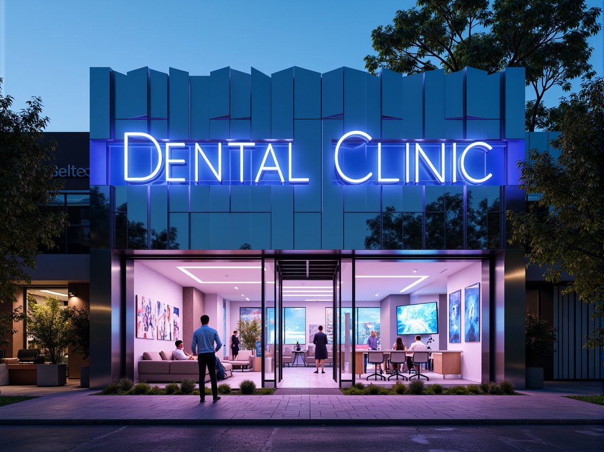 Prompt: Futuristic dental clinic, sleek metallic facade, neon-lit signage, angular lines, minimalist entrance, automatic sliding doors, mirrored glass surfaces, LED light installations, holographic displays, 3D-printed decorations, sustainable energy solutions, solar panels, wind turbines, water conservation systems, green roofs, eco-friendly materials, innovative cooling technologies, shaded outdoor spaces, misting systems, futuristic waiting area, virtual reality experience zones, cyberpunk-inspired color scheme, vibrant neon hues, intricate geometric patterns, shallow depth of field, 3/4 composition, panoramic view, realistic textures, ambient occlusion.