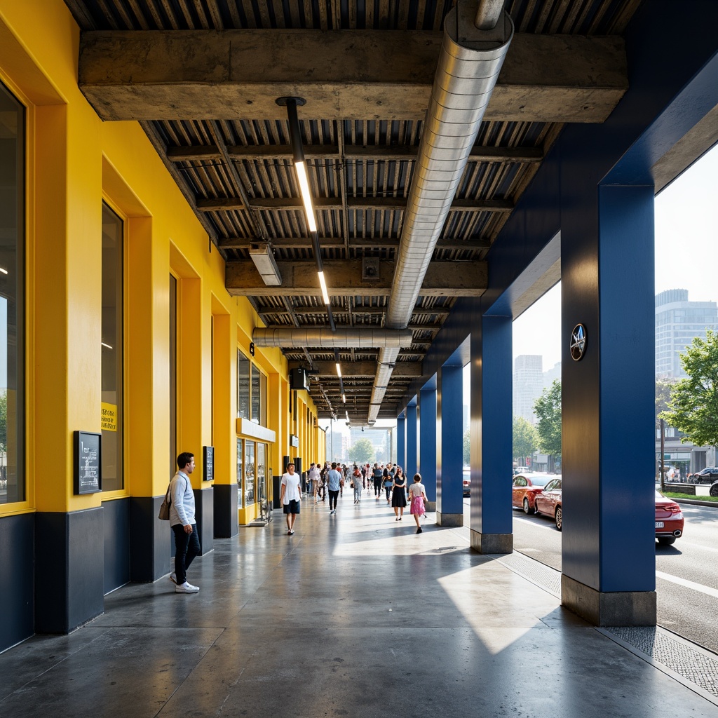 Prompt: Vibrant tram station, modern urban architecture, bold color scheme, bright yellow accents, deep blue tones, warm beige walls, sleek metal fixtures, industrial chic design, exposed ductwork, polished concrete floors, urban cityscape views, busy pedestrian traffic, morning rush hour atmosphere, soft natural lighting, shallow depth of field, 1/1 composition, realistic textures, ambient occlusion.