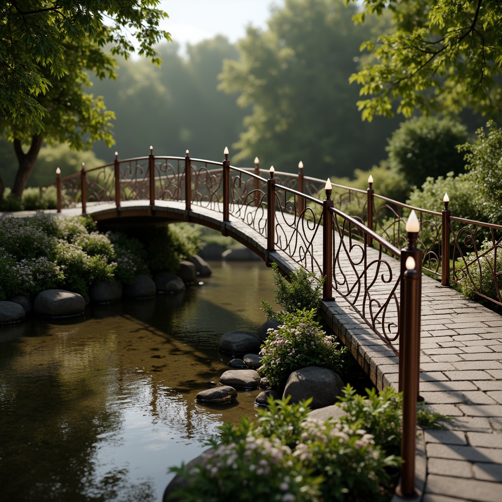 Prompt: Winding pedestrian bridge, organic curves, Art Nouveau ornaments, flowing lines, ornate metal railings, twisted ironwork, lantern-style lighting, moss-covered stone piers, natural riverbank surroundings, lush greenery, vibrant flowers, soft warm lighting, shallow depth of field, 3/4 composition, panoramic view, realistic textures, ambient occlusion.