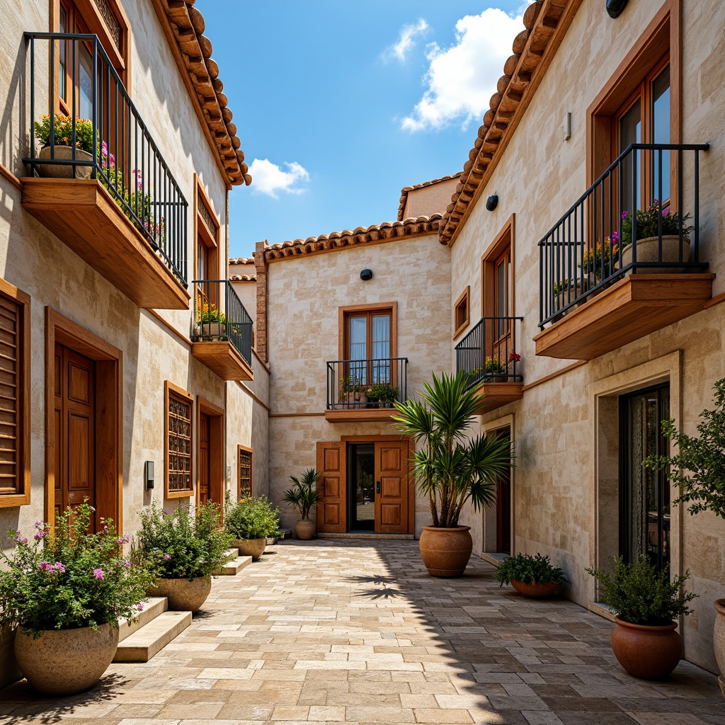 Prompt: Mediterranean coastal town, rustic stone walls, terracotta roof tiles, ornate balconies, wrought iron railings, colorful ceramics, vibrant textiles, wooden shutters, ornate doorways, regional cultural symbols, warm sunny day, soft golden lighting, shallow depth of field, 3/4 composition, panoramic view, realistic textures, ambient occlusion.