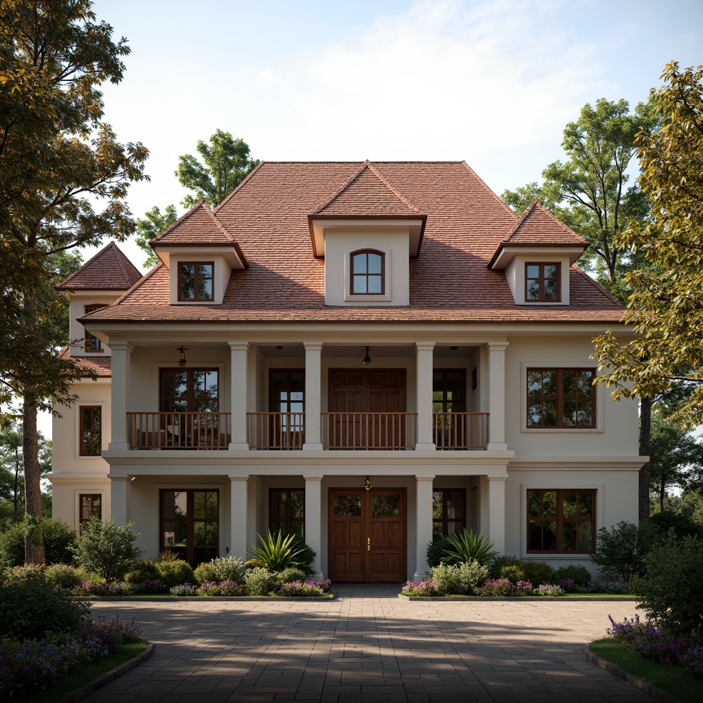 Prompt: Traditional European-style mansion, pitched terracotta roof tiles, ornate dormer windows, grand entrance with Corinthian columns, carved wooden doors, elegant stucco facades, symmetrical balanced composition, soft warm lighting, shallow depth of field, 1/1 aspect ratio, realistic textures, ambient occlusion, lush greenery, blooming flowers, serene atmosphere.