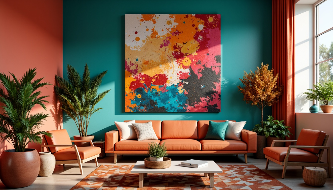 Prompt: Vibrant artistic studio, eclectic color scheme, bold brushstrokes, textured canvas, abstract artwork, expressive splatters, modern contemporary design, rich turquoise accents, deep coral hues, warm golden lighting, sleek minimalist furniture, geometric patterned rug, bohemian-inspired decor, natural wood accents, earthy terracotta vases, soft focus, shallow depth of field, 1/2 composition, dramatic shadows, high contrast ratios.