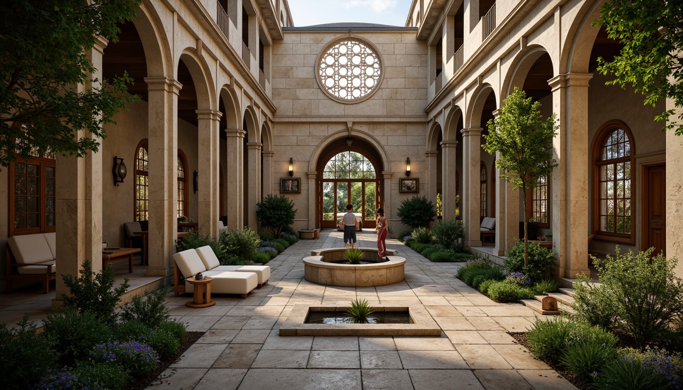 Prompt: Serenely lit monastery courtyard, intricately carved stone walls, lush green cloisters, ornate wooden doors, stained glass windows, vaulted ceilings, tranquil water features, natural stone pathways, minimalist modern furniture, soft warm lighting, subtle color palette, 1/1 composition, shallow depth of field, realistic textures, ambient occlusion, peaceful atmosphere, contemplative mood.