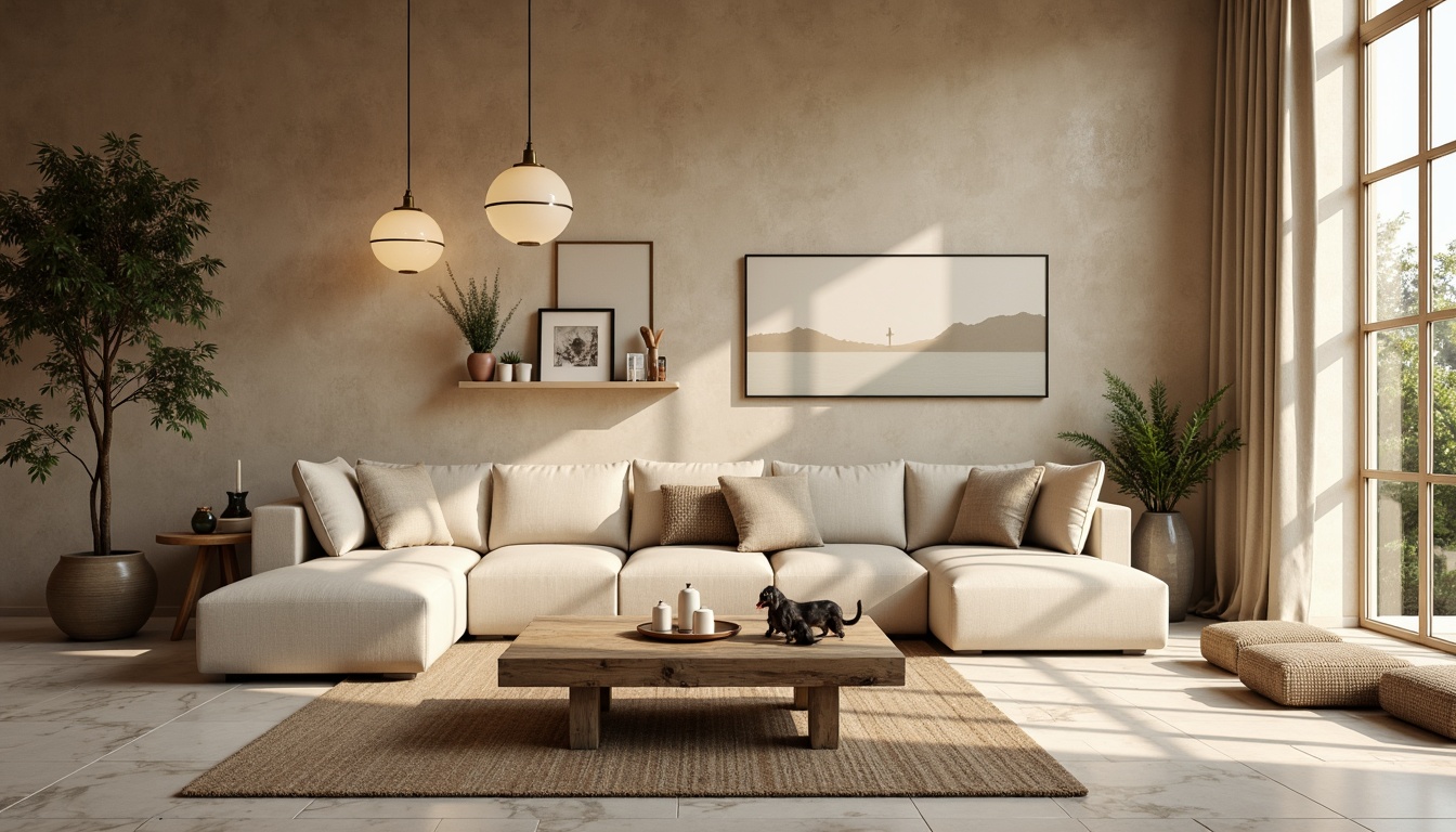 Prompt: Cozy living room, warm beige walls, plush sectional sofa, soft cushions, rustic wooden coffee table, modern pendant lights, large windows, natural daylight, subtle textures, calming atmosphere, comfortable seating area, decorative vases, lush greenery, minimalist decor, elegant marble flooring, sophisticated color palette, warm ambient lighting, shallow depth of field, 1/1 composition, realistic render.