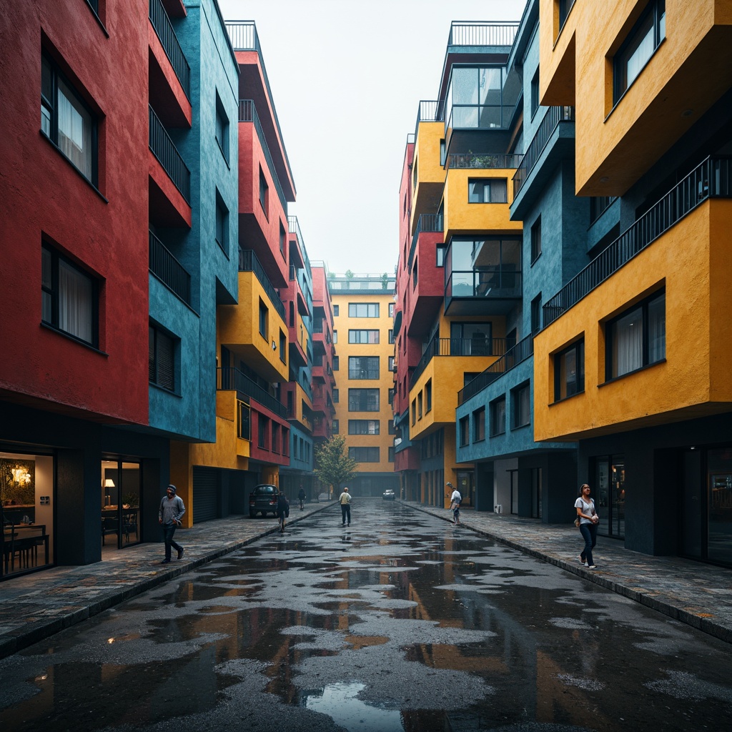 Prompt: Fragmented building forms, irregular shapes, unconventional structures, dynamic spaces, clashing materials, bold color schemes, abstract patterns, distorted proportions, multiple vanishing points, dramatic lighting effects, deep shadows, atmospheric mist, fragmented reflections, abstract textures, fractured geometries, chaotic compositions, 3/4 camera angle, cinematic rendering, high-contrast imagery.