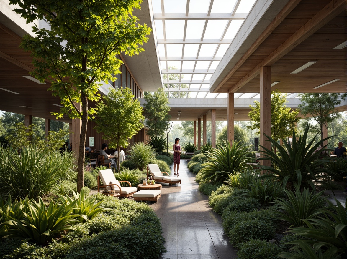 Prompt: Natural ventilation, clerestory windows, roof vents, automated shading devices, evaporative cooling systems, misting systems, vertical gardens, living walls, tropical plants, humid climate, warm sunny day, soft natural lighting, shallow depth of field, 1/1 composition, realistic textures, ambient occlusion.