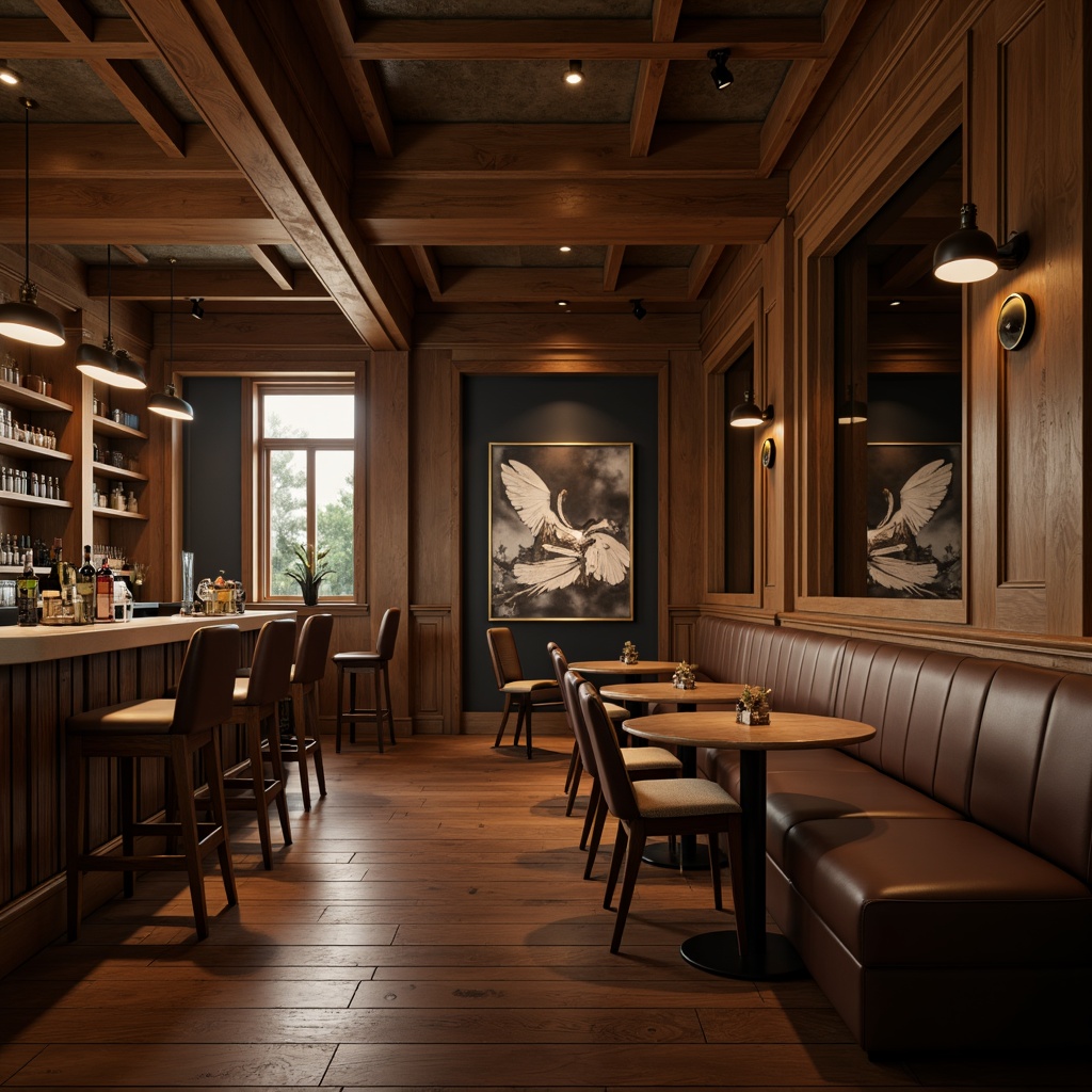 Prompt: Luxurious bar interior, rich wood grain texture, polished metal accents, smooth leather upholstery, sleek glass surfaces, minimalist decor, warm ambient lighting, soft focus, shallow depth of field, 1/2 composition, cinematic mood, realistic reflections, subtle noise texture, atmospheric haze.