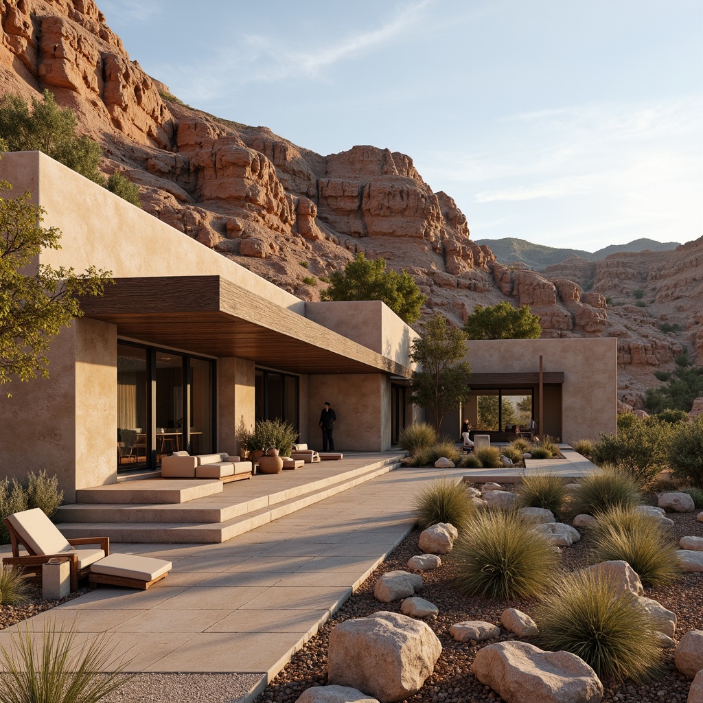 Prompt: Rustic canyon homes, sandstone fa\u00e7ades, natural earthy tones, weathered textures, organic rock formations, desert landscapes, arid climates, warm sunny days, dramatic cliffside settings, rugged outdoor spaces, wooden accents, minimalist d\u00e9cor, earthy color palettes, cozy fireplaces, comfortable furnishings, panoramic views, vast open spaces, modern rustic architecture, sustainable building materials, eco-friendly designs.