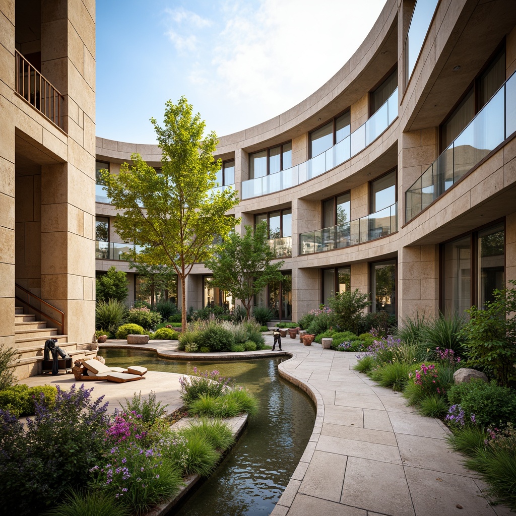 Prompt: Curved rehabilitation center, natural stone fa\u00e7ade, large windows, transparent glass roofs, abundant greenery, calming water features, wheelchair-accessible ramps, modern minimalist interior, sleek metal handrails, wooden flooring, warm beige tones, soft diffused lighting, 1/1 composition, shallow depth of field, realistic textures, ambient occlusion, peaceful atmosphere, serene courtyards, vibrant flower arrangements, soothing fountain sounds.