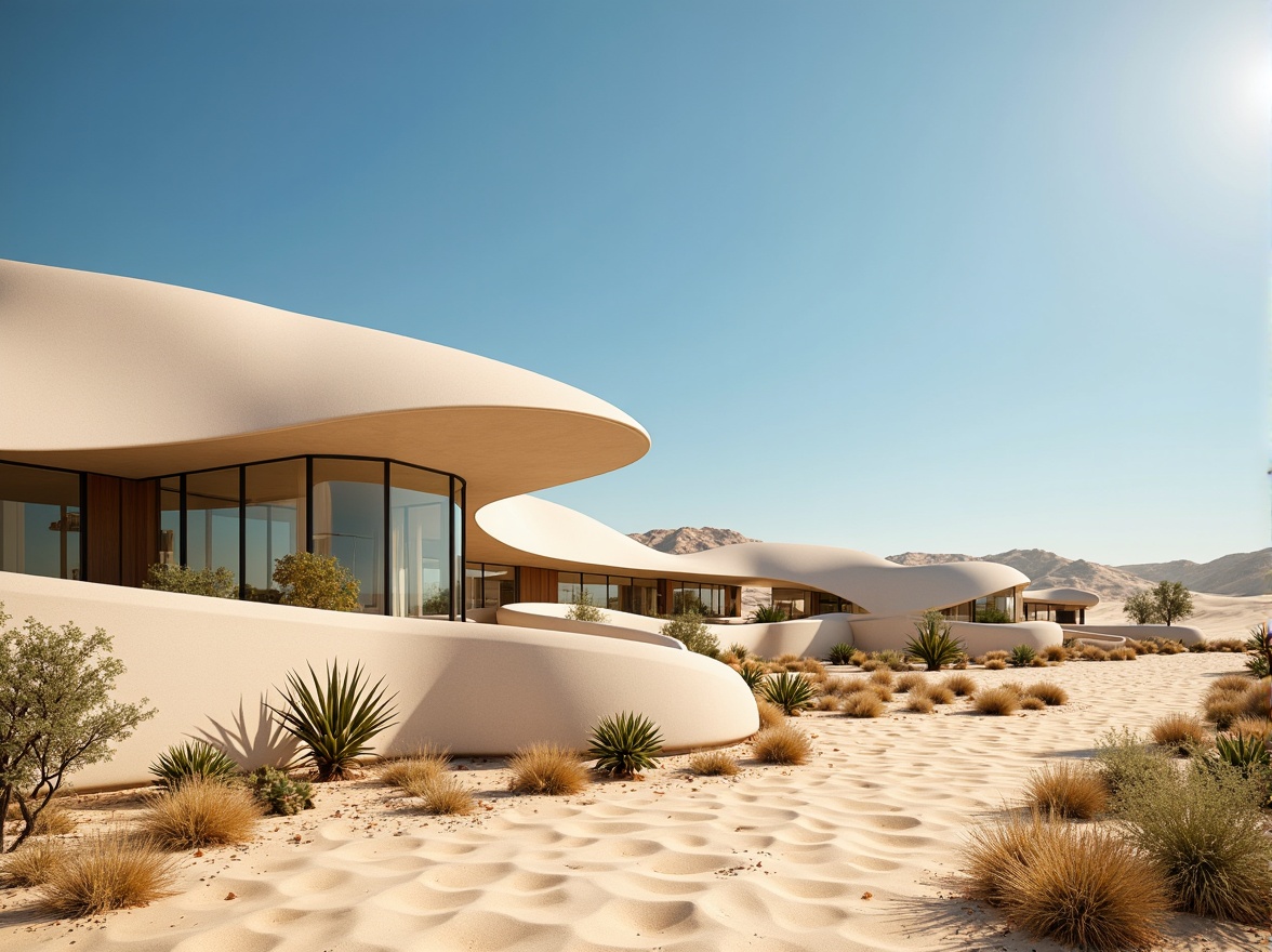 Prompt: Sweeping curvilinear forms, streamline moderne desert architecture, sandy dunes, cactus plants, hot sunny day, clear blue sky, vast open space, flowing organic lines, minimalist design, low-lying buildings, cantilevered roofs, rounded arches, metallic accents, glass fa\u00e7ades, natural ventilation systems, wind-swept curves, fluid shapes, aerodynamic profiles, futuristic ambiance, warm golden lighting, high contrast shadows, 1/2 composition, symmetrical framing, cinematic perspective.