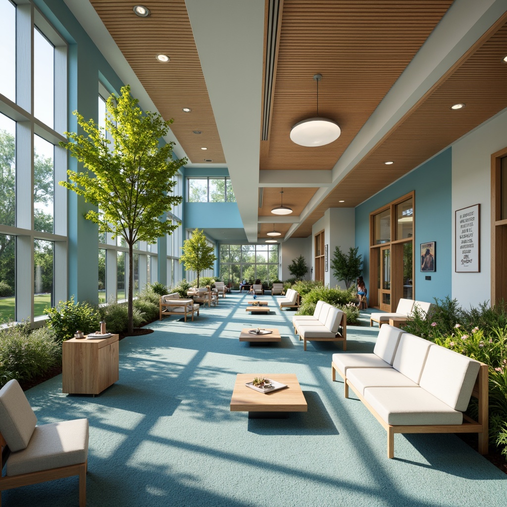 Prompt: Vibrant rehabilitation center, calming color palette, soothing blue tones, warm beige accents, natural wood textures, comfortable seating areas, gentle lighting effects, serene outdoor gardens, lush greenery, tranquil water features, modern architectural design, large windows, minimal ornamentation, clean lines, calming art pieces, inspirational quotes, motivational murals, soft carpeting, acoustic ceilings, sound-absorbing materials, quiet private rooms, peaceful ambiance, warm color temperatures, healing atmosphere, relaxing color harmony.