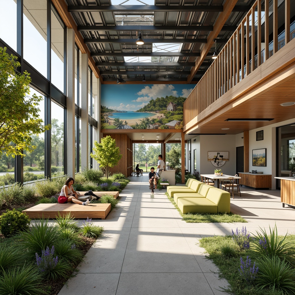 Prompt: Eco-friendly community center, Bauhaus-inspired architecture, green roofs, solar panels, natural ventilation systems, recycled materials, minimalist interior design, industrial-style lighting fixtures, exposed ductwork, polished concrete floors, wooden accents, abundant natural light, airy open spaces, communal gathering areas, educational murals, sustainable landscaping, native plant species, rainwater harvesting systems, energy-efficient appliances, modernist furniture, vibrant color schemes, geometric patterns, shallow depth of field, 3/4 composition, realistic textures, ambient occlusion.