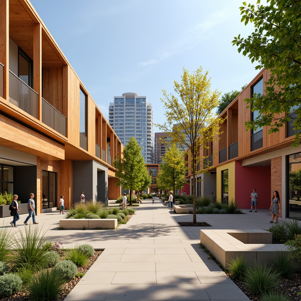 Prompt: Vibrant community center, warm earthy tones, rich wood accents, natural stone walls, green roofs, abundant natural light, airy open spaces, modern minimalist design, bold color blocks, playful geometric patterns, urban cityscape backdrop, sunny afternoon, soft warm lighting, shallow depth of field, 1/1 composition, realistic textures, ambient occlusion.