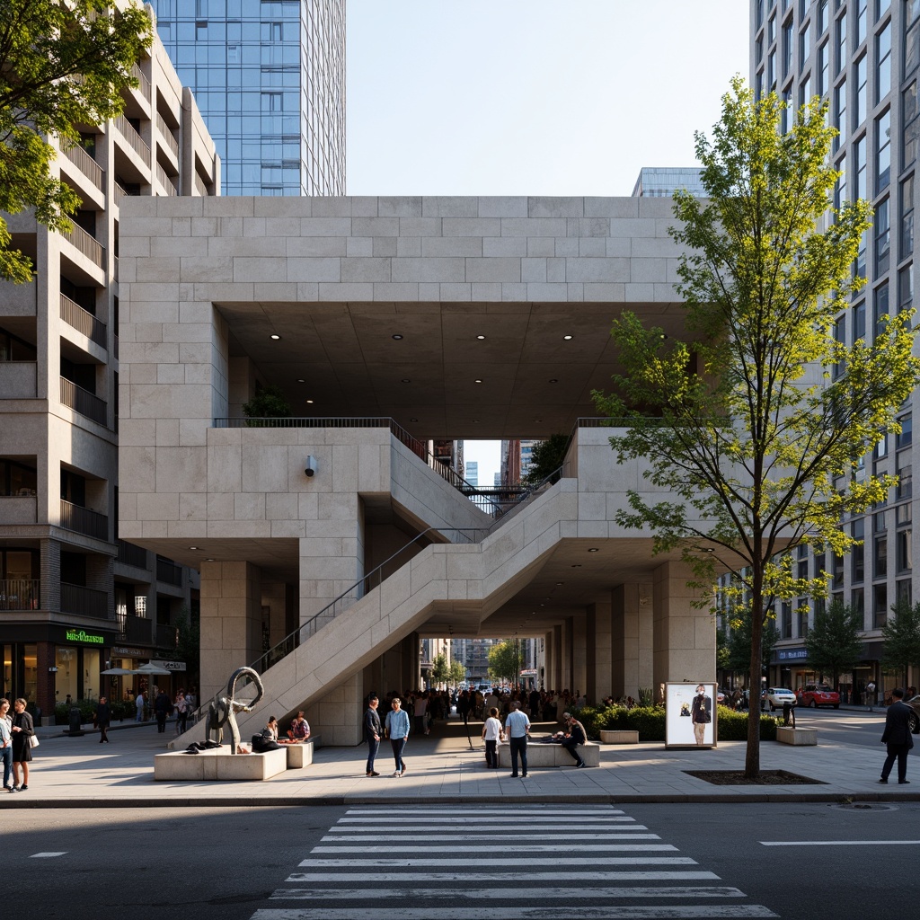 Prompt: Rugged concrete pavilion, brutalist architecture, bold geometric forms, juxtaposed contrasting textures, rough-hewn stone walls, smooth glass facades, cantilevered rooflines, dramatic light and shadow play, high-contrast color scheme, muted earth tones, vibrant accent colors, urban cityscape backdrop, busy street life, natural greenery integration, abstract sculpture installations, moody atmospheric lighting, 1/2 composition, low-angle shot, gritty realistic textures, ambient occlusion.