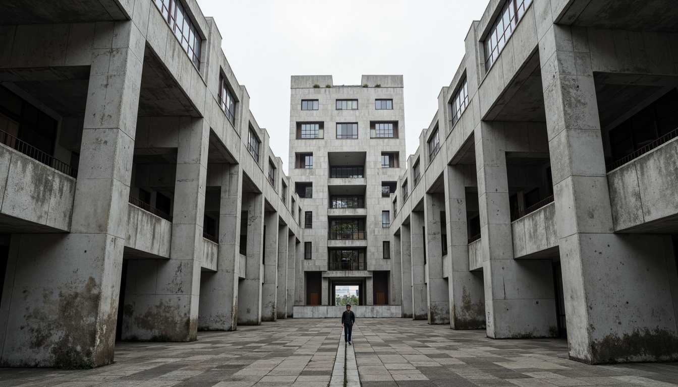 Prompt: Exposed concrete columns, brutalist architecture, raw unfinished surfaces, fortress-like structures, monumental scale, dramatic cantilevers, rugged stonework, bold geometric forms, functional minimalism, industrial materials, steel beams, poured-in-place concrete, brutalist monumentality, urban cityscape, overcast sky, high-contrast lighting, deep shadows, 3/4 composition, symmetrical framing, realistic textures, ambient occlusion.