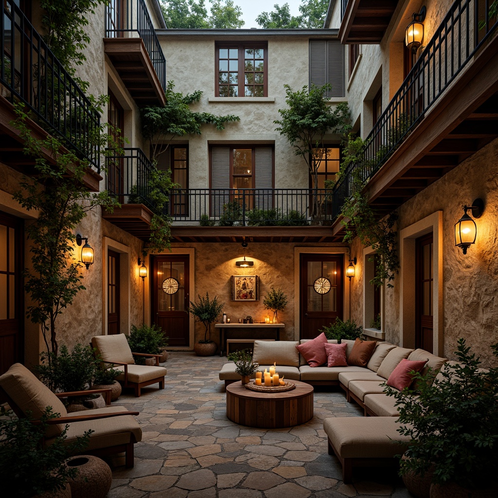 Prompt: Cozy hostel courtyard, rustic stone walls, wooden shutters, ornate metal railings, stained glass windows, ivy-covered facades, warm candlelight, soft blankets, plush pillows, intimate seating areas, vintage furniture, distressed wood textures, earthy color palette, mystical ambiance, dramatic lighting, shallow depth of field, 1/2 composition, atmospheric perspective, romanticism-inspired architectural details.