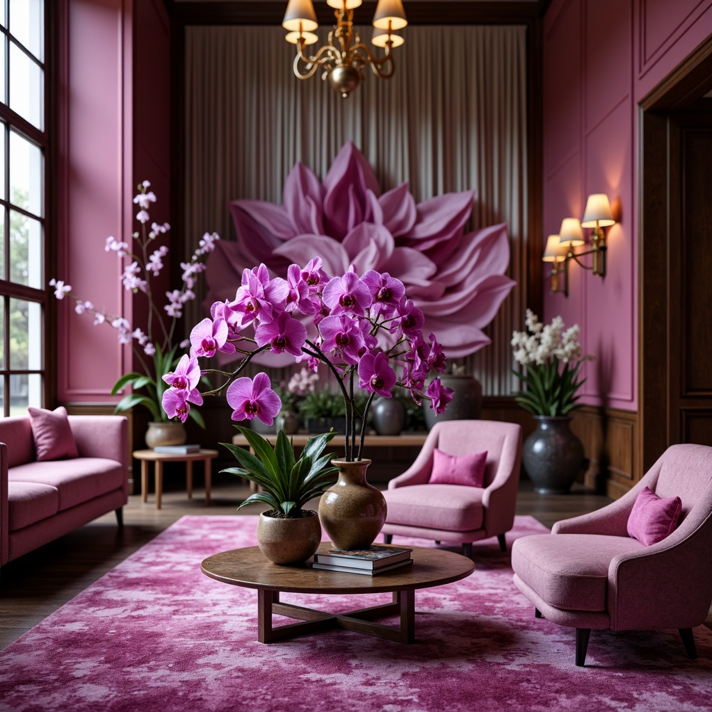 Prompt: Vibrant orchid hue, exotic botanicals, delicate petals, soft velvety texture, whimsical illustrations, ornate metalwork, luxurious fabrics, subtle sheen, sophisticated elegance, refined modernism, bold accent walls, statement lighting fixtures, dramatic drapery, lavish interior spaces, opulent furnishings, regal atmosphere, warm golden lighting, shallow depth of field, 1/1 composition, realistic renderings, ambient occlusion.