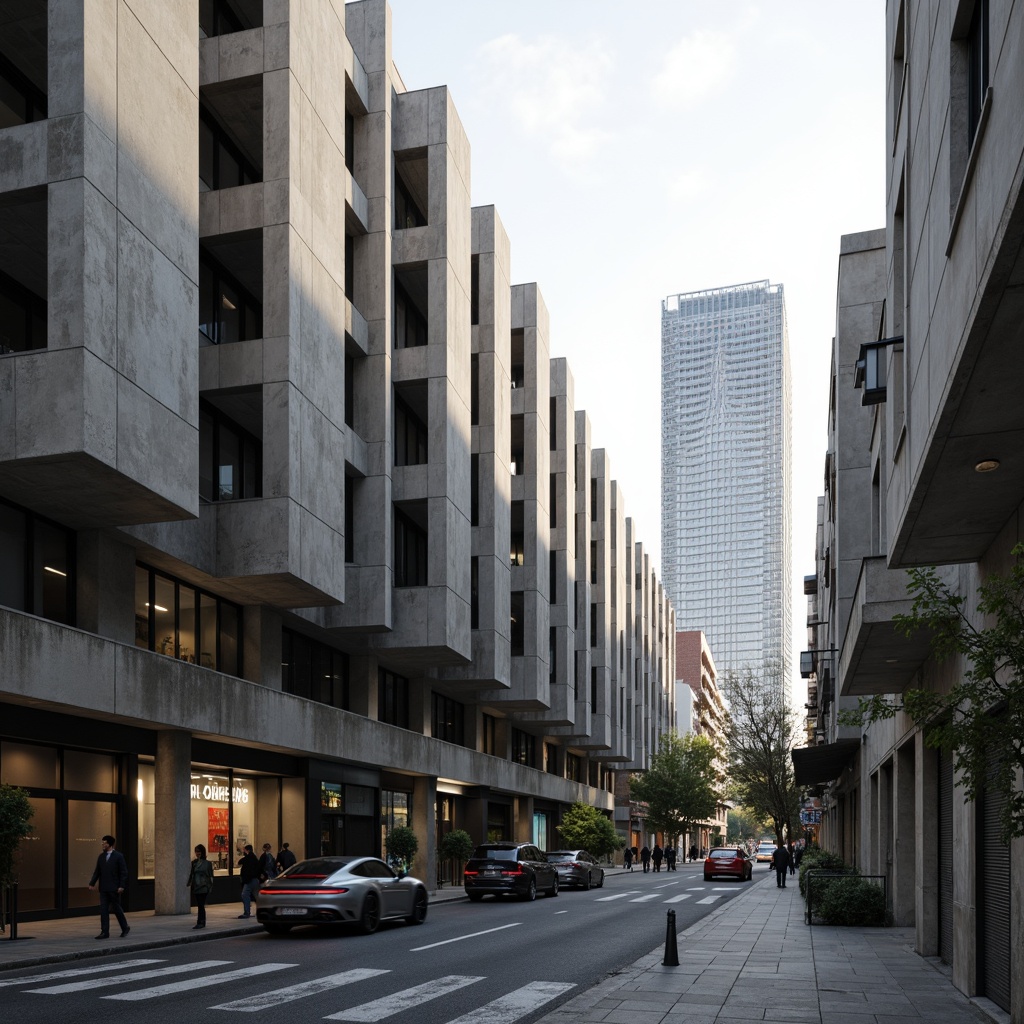 Prompt: Exposed concrete structures, brutalist architecture, rugged textures, fortress-like buildings, imposing forms, raw unfinished surfaces, industrial materials, steel beams, poured concrete walls, minimalist aesthetic, urban cityscape, busy streets, morning light, high contrast, dramatic shadows, wide-angle lens, 2/3 composition, gritty realistic rendering.