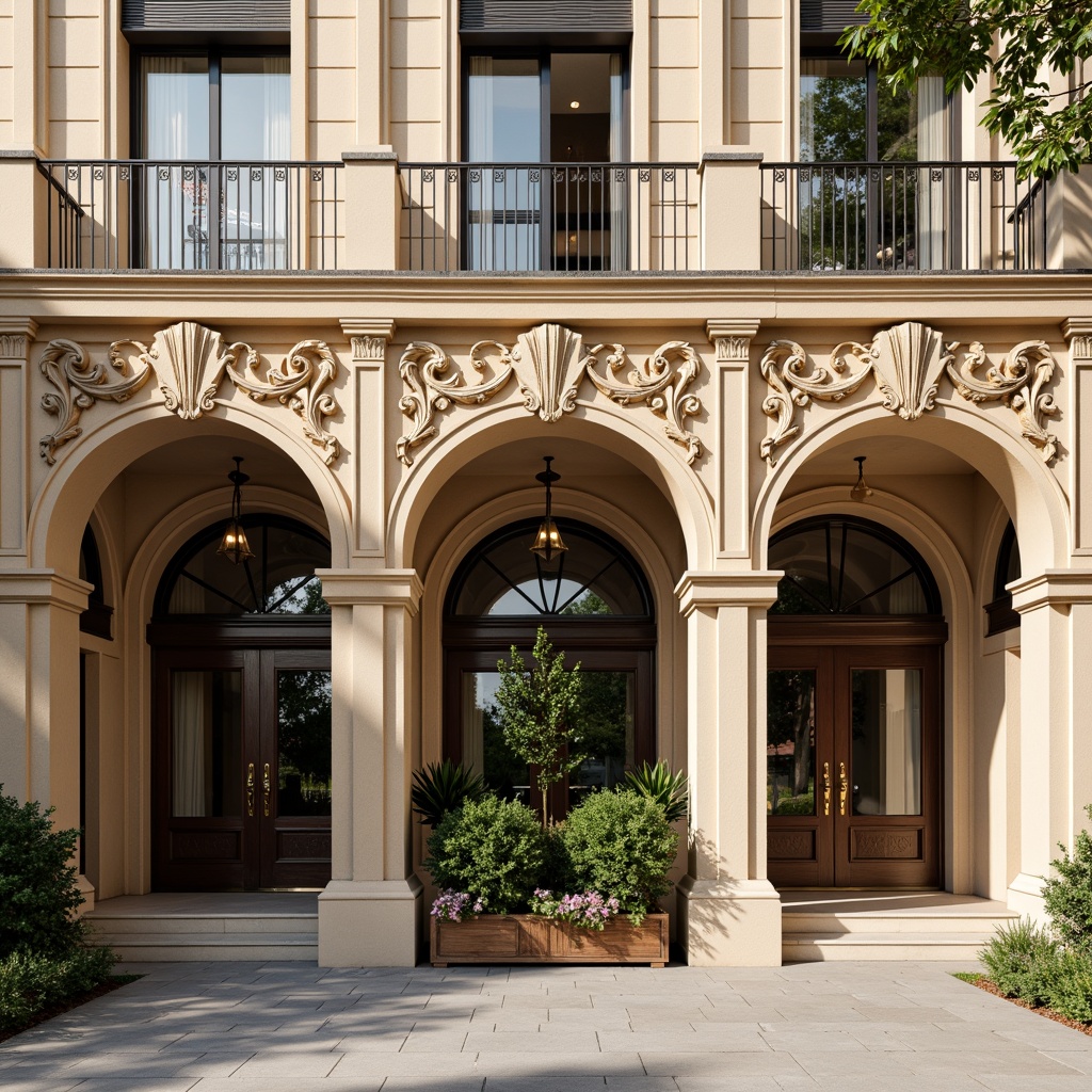 Prompt: Grandiose dental clinic facade, ornate Renaissance-style arches, intricately carved stonework, classical columns, ornamental cornices, symmetrical composition, warm beige stone walls, decorative metal railings, elegant entranceways, polished bronze door handles, stained glass windows, subtle Baroque influences, soft natural lighting, shallow depth of field, 2/3 composition, realistic textures, ambient occlusion.