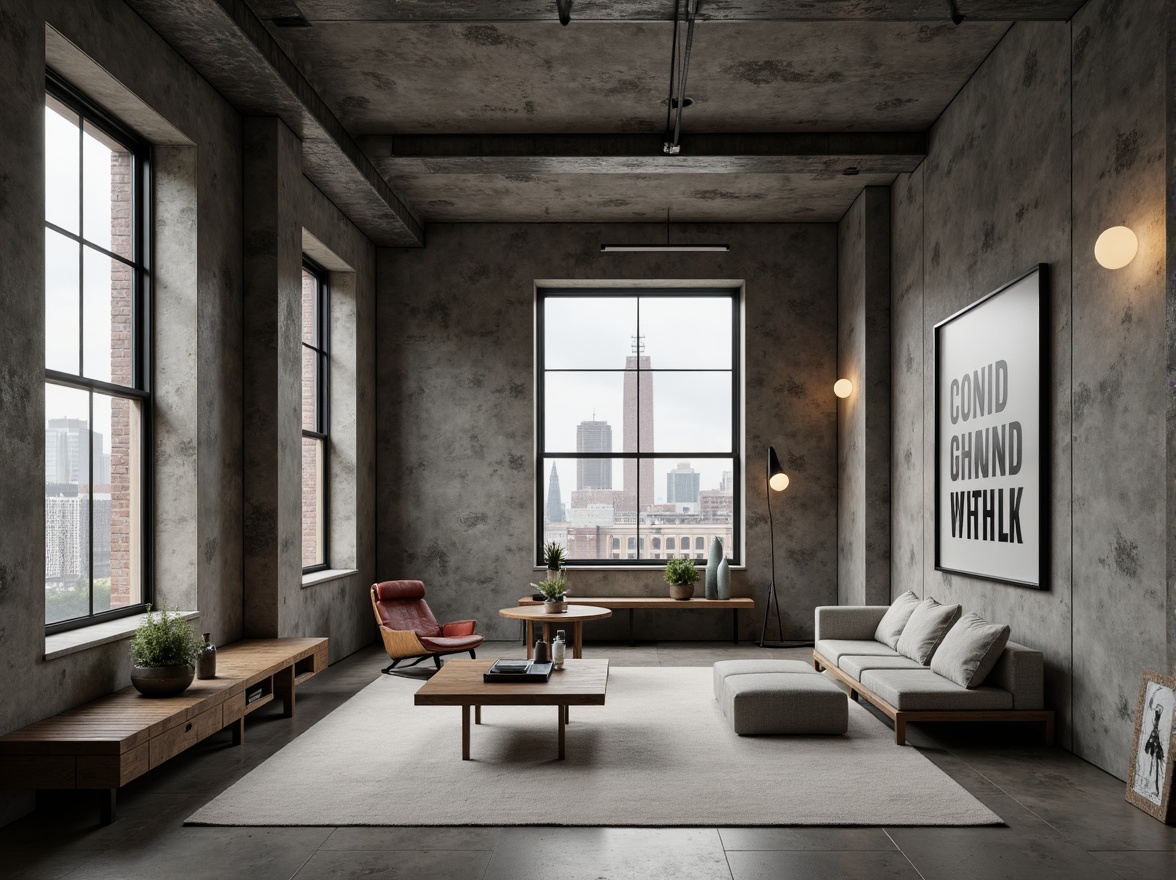 Prompt: Rough-hewn concrete walls, industrial metal beams, minimalist wooden accents, functionalist furniture pieces, geometric-shaped decorations, monochromatic color scheme, bold typography, abstract artwork, brutalist architecture, urban cityscape, overcast sky, dramatic shading, low-key lighting, 1/1 composition, symmetrical framing, high-contrast textures, subtle ambient occlusion.