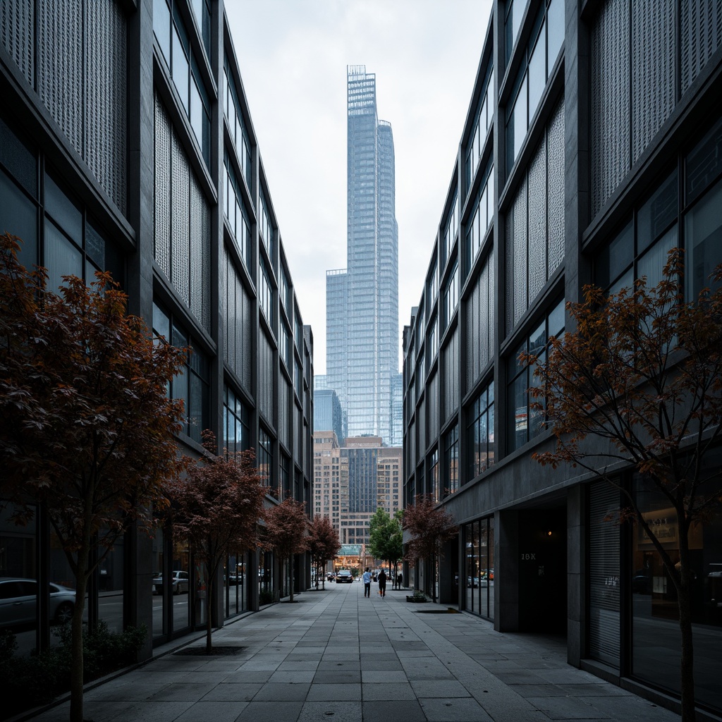 Prompt: Industrial cityscape, perforated metal fa\u00e7ade, modern skyscraper, sleek urban architecture, metallic sheen, intricate patterns, geometric shapes, urban jungle, concrete pavement, atmospheric perspective, moody lighting, high contrast, 1/2 composition, cinematic view, photorealistic textures, ambient occlusion.