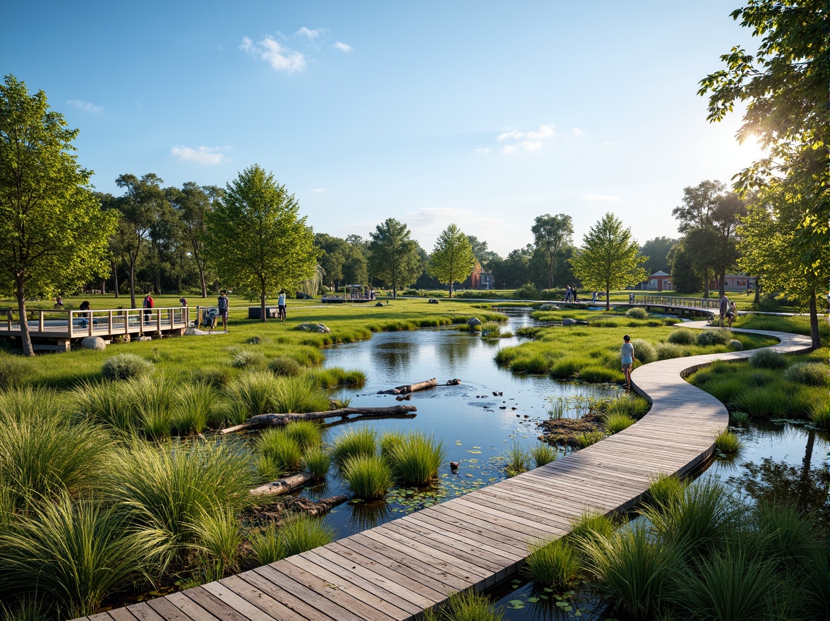 Prompt: Serene wetland landscape, tranquil water bodies, lush aquatic vegetation, winding wooden boardwalks, natural stone pathways, observation decks, educational signs, native bird species, gentle breeze, soft warm lighting, shallow depth of field, 3/4 composition, panoramic view, realistic textures, ambient occlusion, meandering streams, riparian zones, floodplain forests, emergent aquatic plants, submerged logs, water lilies, cattails, vibrant greenery, sunny day, cloudless blue sky.