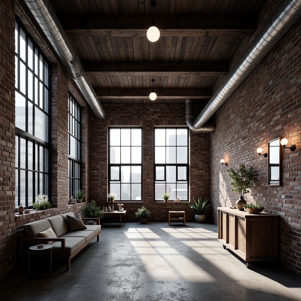 Prompt: Rustic industrial building, exposed brick walls, metallic beams, reclaimed wood accents, distressed concrete floors, Edison bulb lighting, minimalist decor, functional pipes, industrial-style furniture, raw unfinished textures, monochromatic color scheme, urban cityscape backdrop, dramatic shadows, high contrast ratio, 1/1 composition, symmetrical framing, moody atmospheric lighting.