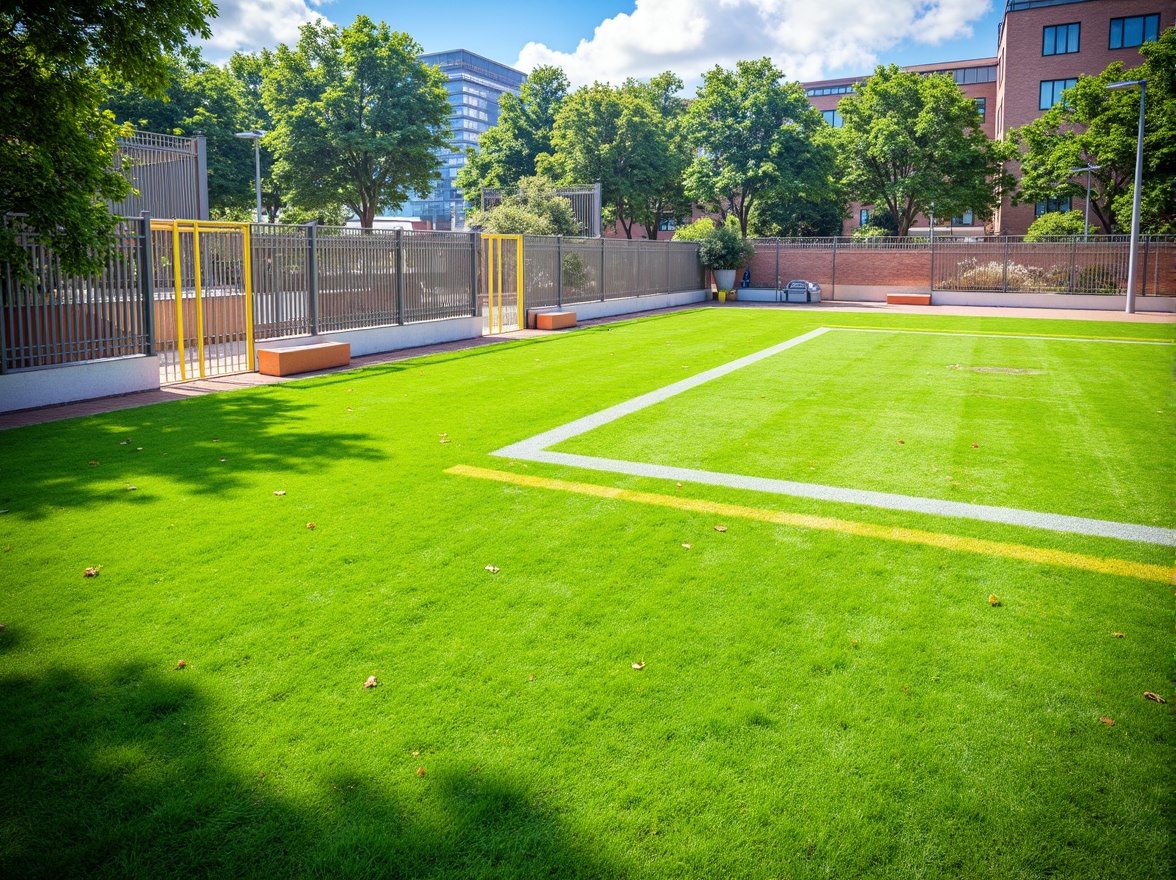 Prompt: Vibrant athletic field, lush green grass, bold white lines, bright yellow goalposts, sturdy metal fences, weathered wooden bleachers, natural stone pathways, modern sports facilities, dynamic color blocking, energetic atmosphere, warm sunny day, soft warm lighting, shallow depth of field, 3/4 composition, panoramic view, realistic textures, ambient occlusion.Please let me know if this meets your requirements!