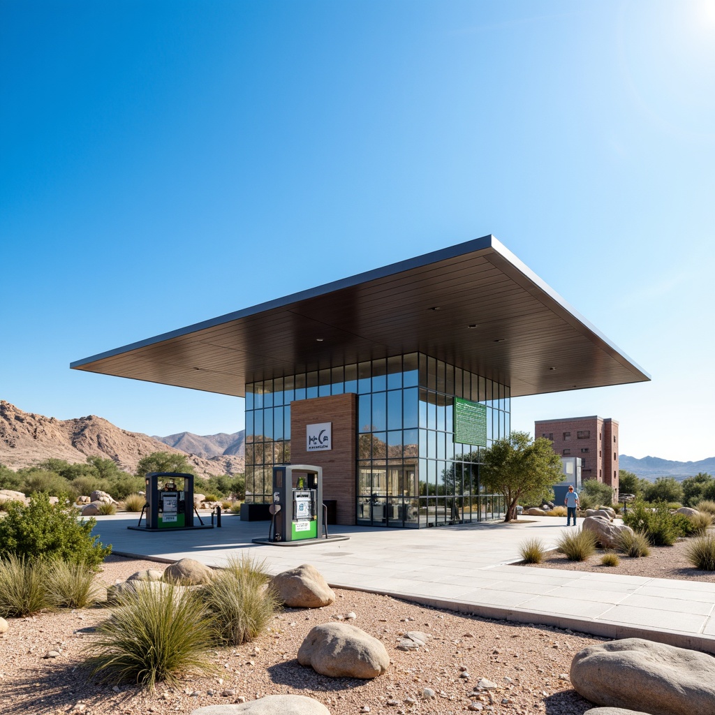 Prompt: Modern gas station, sleek metal canopy, solar panels, energy-efficient lighting, green roofs, rainwater harvesting systems, permeable pavement, drought-resistant landscaping, eco-friendly signage, natural ventilation, large windows, transparent glass doors, reflective exterior finishes, minimalist design, angular lines, futuristic architecture, desert landscape, clear blue sky, hot sunny day, shallow depth of field, 3/4 composition, panoramic view, realistic textures, ambient occlusion.