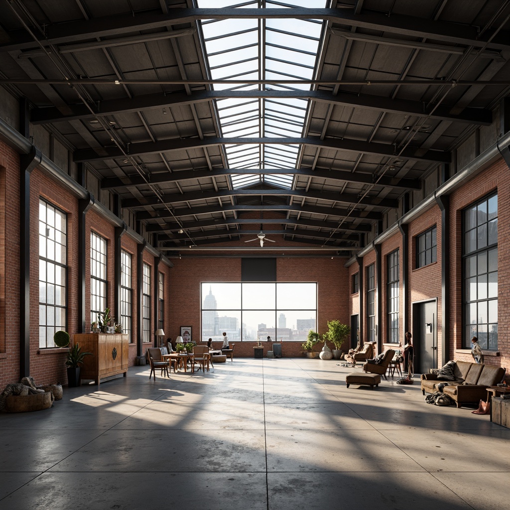 Prompt: Industrial warehouse, exposed brick walls, metal beams, minimalist decor, functional lighting fixtures, natural light pouring in, large windows, skylights, clerestory windows, urban landscape views, concrete floors, reclaimed wood accents, geometric shapes, abstract patterns, monochromatic color scheme, high ceilings, open space, dramatic shadows, soft warm lighting, shallow depth of field, 1/1 composition, realistic textures, ambient occlusion.