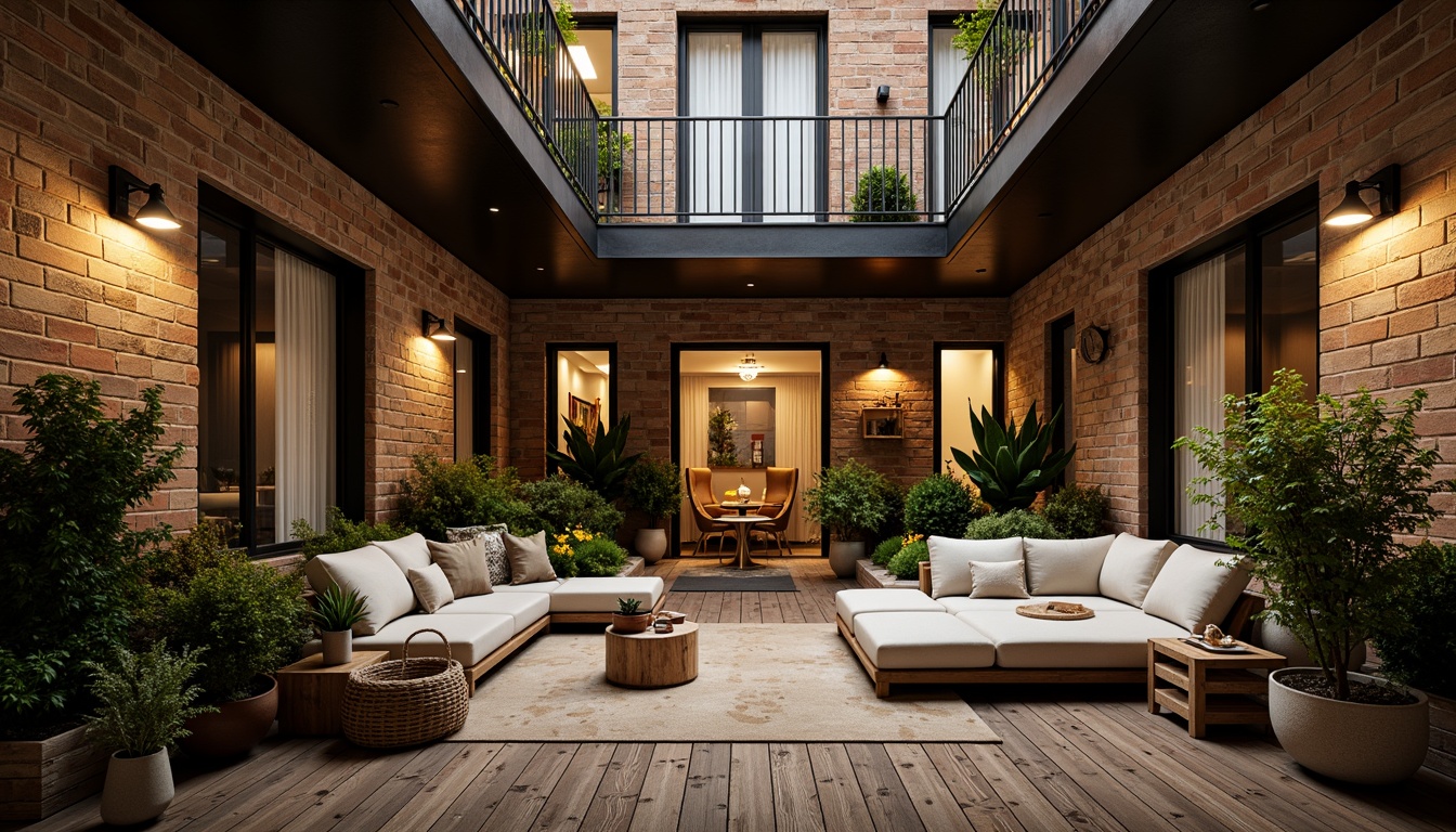 Prompt: Cozy apartment complex, earthy brown brick fa\u00e7ade, rough-hewn stone walls, contrasting smooth glass balconies, metal accents, wooden doorways, vibrant greenery, potted plants, natural textiles, woven baskets, rustic wood flooring, plush area rugs, warm ambient lighting, soft boxy shadows, 1/2 composition, intimate atmospheric perspective, realistic material renderings.