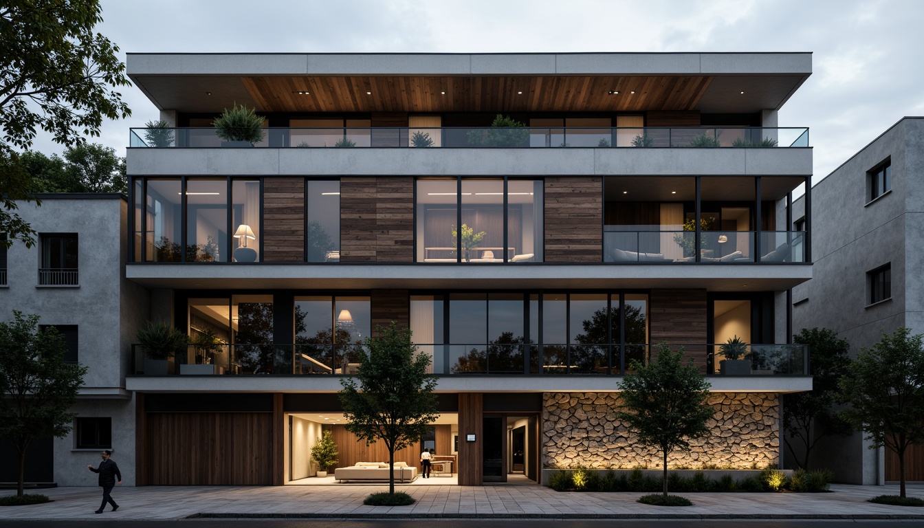 Prompt: Modern building facade, industrial metal cladding, weathered wood accents, rough-hewn stone walls, exposed concrete surfaces, geometric patterned tiles, reflective glass panels, sleek minimalist lines, urban cityscape, moody overcast sky, dramatic shadowplay, high-contrast lighting, 1/2 composition, cinematic atmosphere, realistic material textures, ambient occlusion.