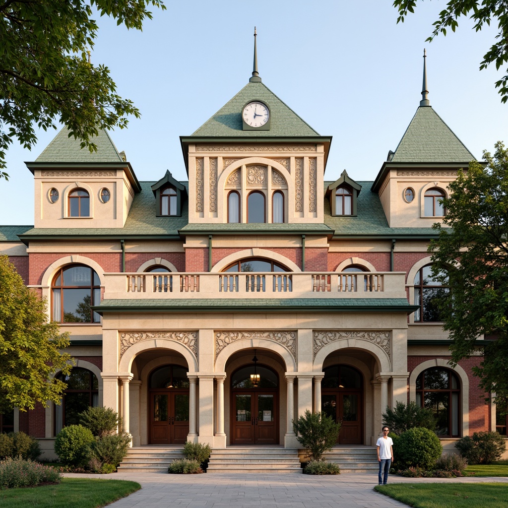 Prompt: Rustic high school building, Romanesque arches, ornate stone carvings, grand entranceways, tall columns, red brick facades, cream-colored stone accents, green pitched roofs, stained glass windows, intricate mosaics, warm beige stucco, classic clock towers, symmetrical composition, soft natural lighting, shallow depth of field, 1/1 aspect ratio, realistic textures, ambient occlusion.