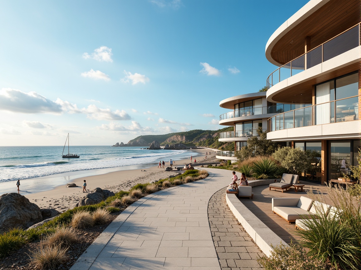 Prompt: Coastal architecture, oceanfront promenade, sandy beach, gentle waves, salty sea air, modern curved buildings, large windows, sliding glass doors, wooden decks, nautical ropes, seaside benches, sailing boats, lighthouses, rugged cliffs, dramatic sea views, sunny day, soft warm lighting, shallow depth of field, 3/4 composition, panoramic view, realistic textures, ambient occlusion.