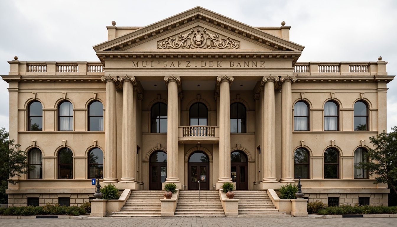 Prompt: Imposing bank building, neoclassical facade, ornate columns, rusticated base, arched windows, grand entrance, sweeping staircases, intricate stone carvings, classical pediments, symmetrical composition, warm beige tones, elegant proportions, refined architectural details, subtle texture variations, overcast day, soft diffused lighting, 1/2 composition, realistic materials, ambient occlusion.