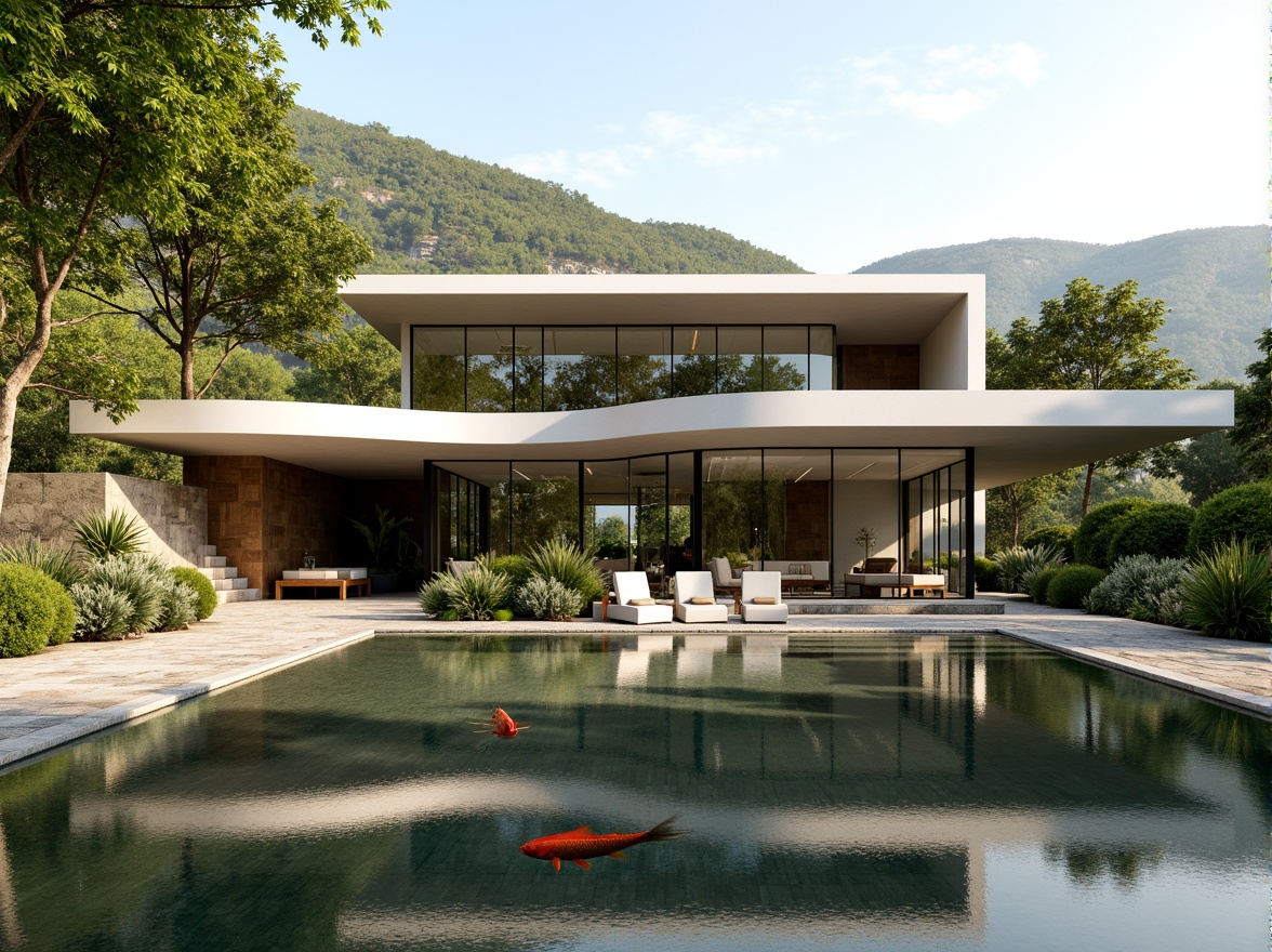 Prompt: Minimalist modern villa, sleek curved lines, large glass windows, seamless indoor-outdoor transition, lush greenery, natural stone walls, wooden accents, serene water features, tranquil koi pond, surrounding hills, warm sunny day, soft diffused lighting, shallow depth of field, 1/1 composition, realistic textures, ambient occlusion, harmonious landscape integration.