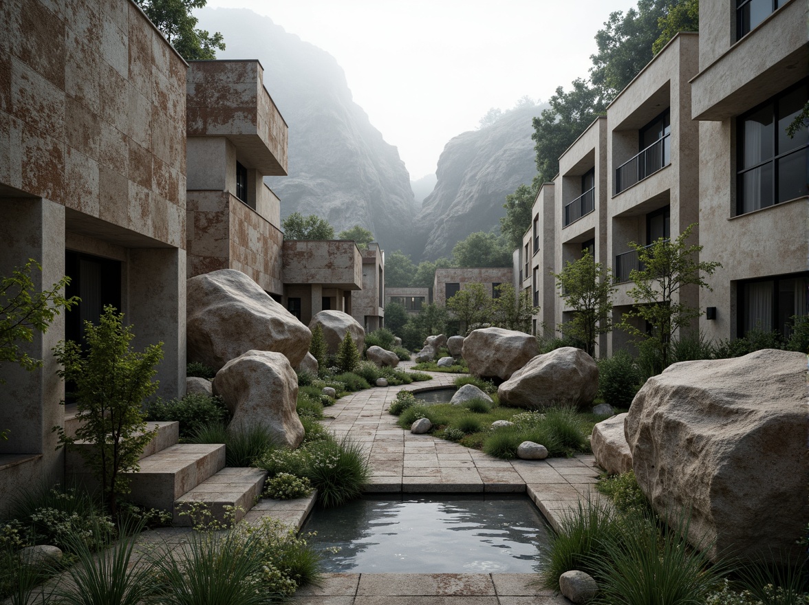 Prompt: Fragmented rock formations, winding paths, overgrown vegetation, brutalist concrete structures, irregular shapes, abstract sculptures, rusting metal accents, reclaimed wood elements, weathered stone walls, meandering water features, reflecting pools, misty atmosphere, soft natural lighting, cinematic composition, high contrast ratios, dramatic shadows, 3/4 camera angle, atmospheric perspective, hyper-realistic textures.