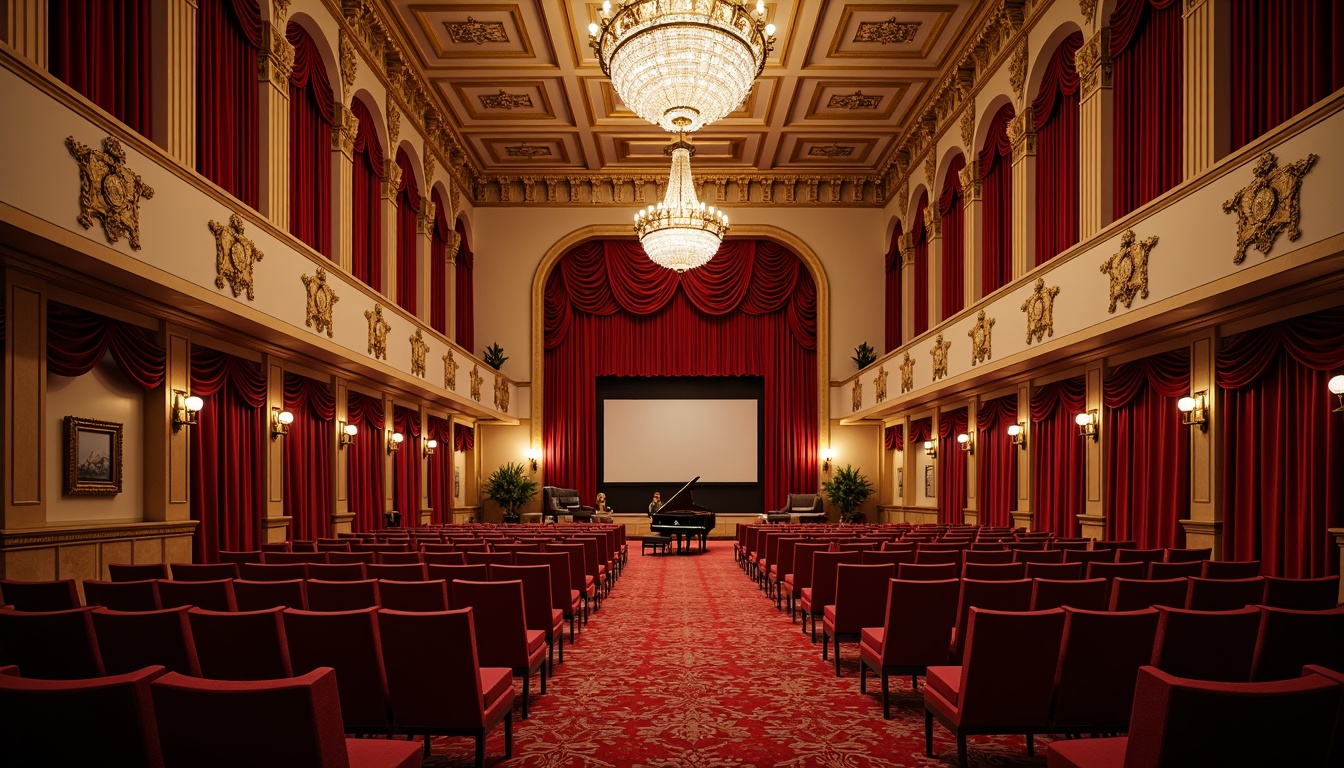 Prompt: Elegant concert hall, rich velvet curtains, luxurious red carpets, ornate golden chandeliers, plush crimson seating, intricate wooden paneling, soft warm lighting, intimate stage settings, grand pianos, acoustic sound systems, lavish drapery, refined silk fabrics, vintage music instruments, nostalgic ambiance, warm beige tones, subtle texture overlays, shallow depth of field, 1/2 composition, realistic material rendering.