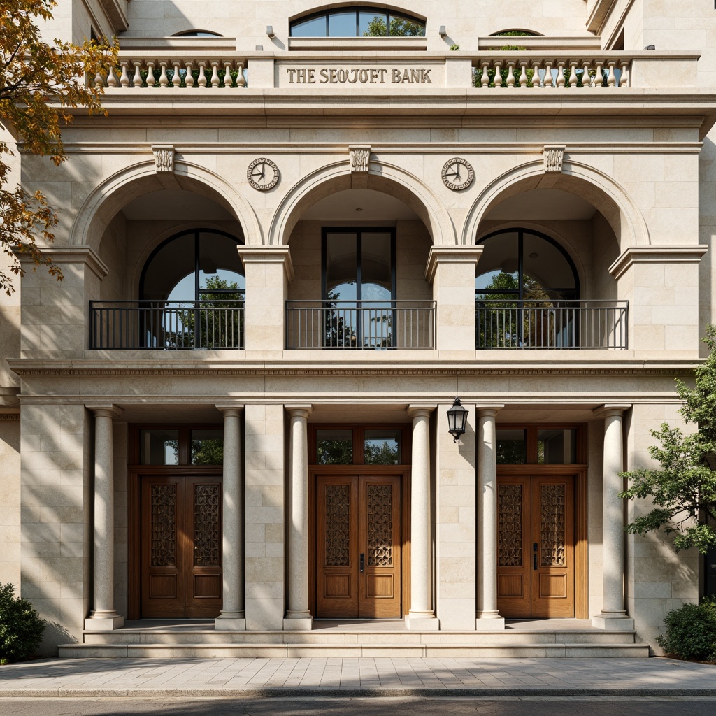 Prompt: Elegant bank facade, neoclassical architecture, symmetrical composition, ornate stone carvings, grand entrance arches, Doric columns, rusticated base, subtle cornice details, classic clock tower, weathered bronze doors, intricate metal railings, limestone walls, soft beige tone, morning sunlight, shallow depth of field, 1/2 composition, realistic textures, ambient occlusion.Let me know if this meets your expectations!