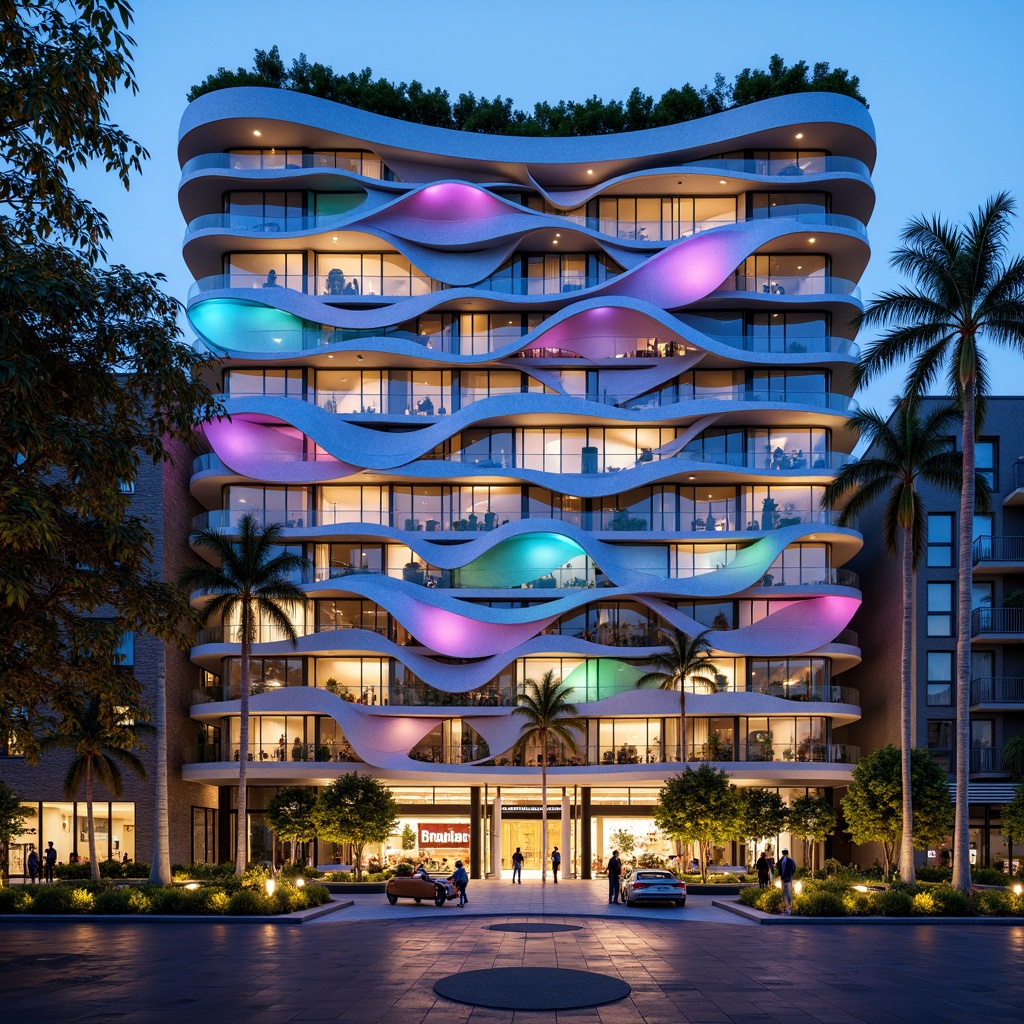 Prompt: Vibrant hotel facade, undulating curves, organic patterns, iridescent colors, translucent materials, bioluminescent accents, futuristic architecture, sustainable energy systems, living walls, green roofs, cantilevered structures, dynamic LED lighting, 3D printed ornaments, fluid shapes, kinetic sculptures, virtual reality experiences, luxurious amenities, bespoke furnishings, ambient soundscape, shallow depth of field, cinematic composition, realistic textures.