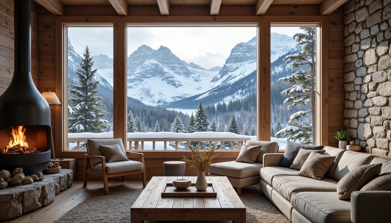 Prompt: Snow-capped mountains, frosty air, wooden chalets, cozy fireplaces, rustic stone walls, earthy tones, warm beige, creamy whites, rich browns, icy blues, snowy whites, natural textures, wooden accents, comfortable furnishings, inviting atmospheres, soft warm lighting, shallow depth of field, 3/4 composition, panoramic view, realistic materials, ambient occlusion.