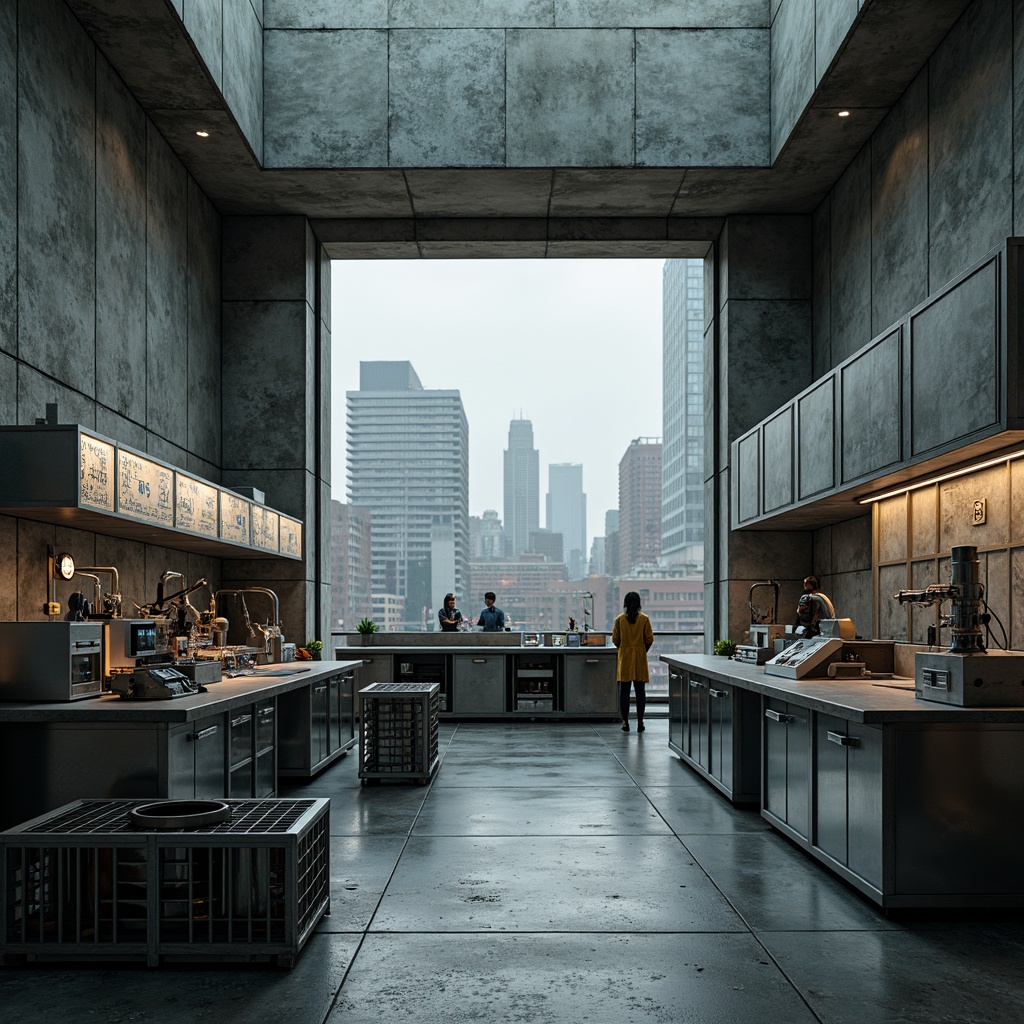 Prompt: Exposed concrete walls, rugged brutalist architecture, industrial laboratory setting, stainless steel equipment, futuristic scientific instruments, neon lighting accents, metallic grids, minimalist decor, raw unfinished surfaces, urban cityscape background, overcast sky, dramatic high-contrast lighting, deep depth of field, 2/3 composition, symmetrical framing, bold geometric shapes, distressed textures, ambient occlusion.