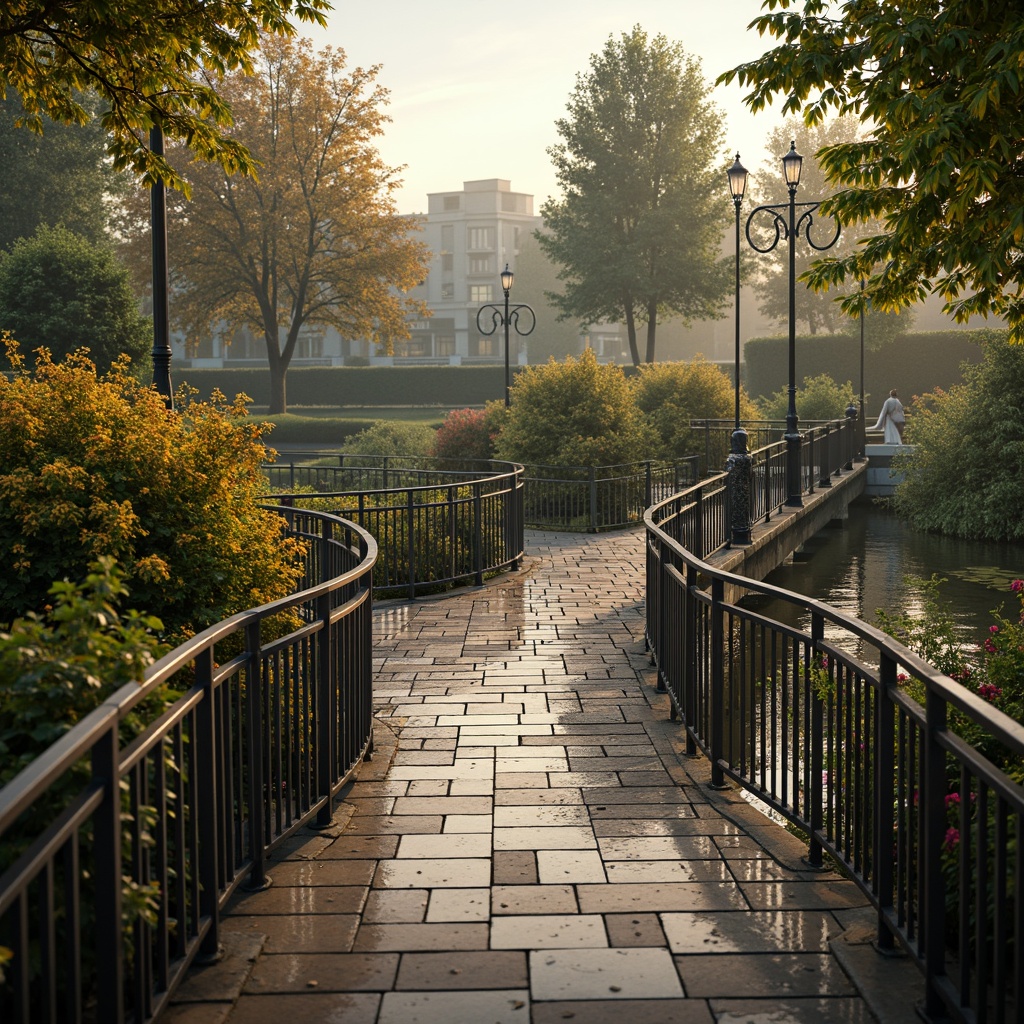 Prompt: Undulating pedestrian bridge, sinuous metal railings, organic Art Nouveau motifs, flowing curves, ornate lamp posts, verdant greenery, vibrant blooming flowers, natural stone piers, rippling water reflections, warm golden lighting, soft focus, atmospheric mist, 1/1 composition, low-angle shot, intricate ironwork details, ambient occlusion.